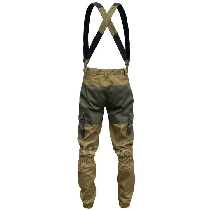 "Rear view of Gorka 5 trousers showing the back suspenders and pocket placement.