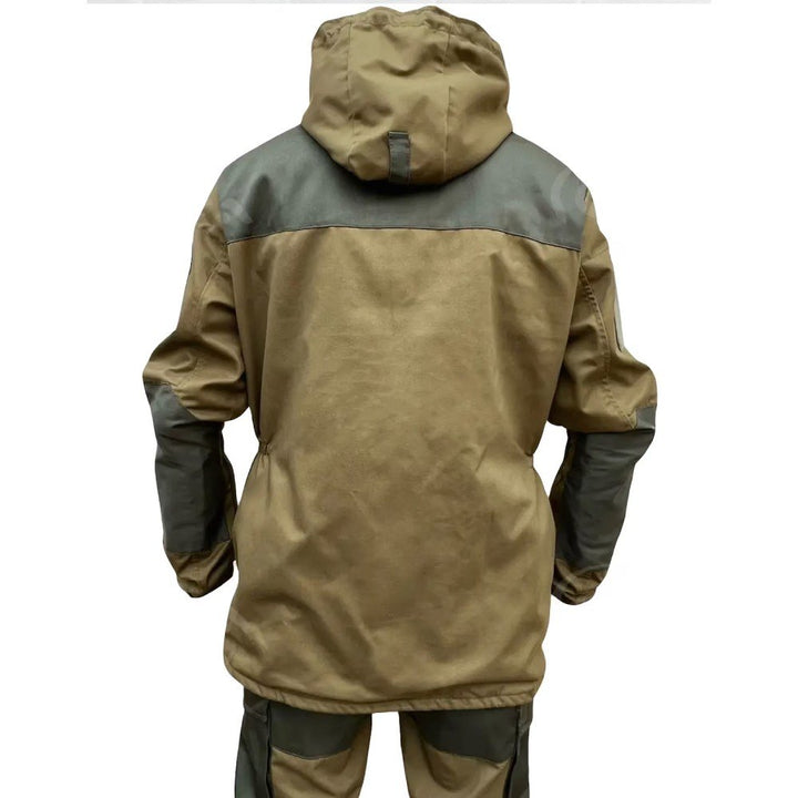 Rear view of a Gorka 5 jacket with hood, showcasing the two-tone olive and grey design.