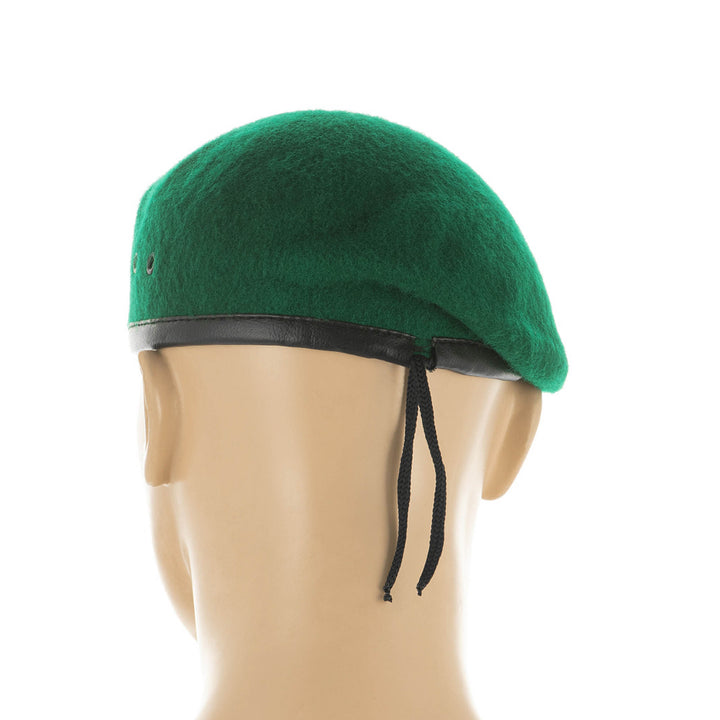 Ukrainian green military beret hat made from natural wool, with a black leather band, two ventilation holes, and adjustment ties at the back.