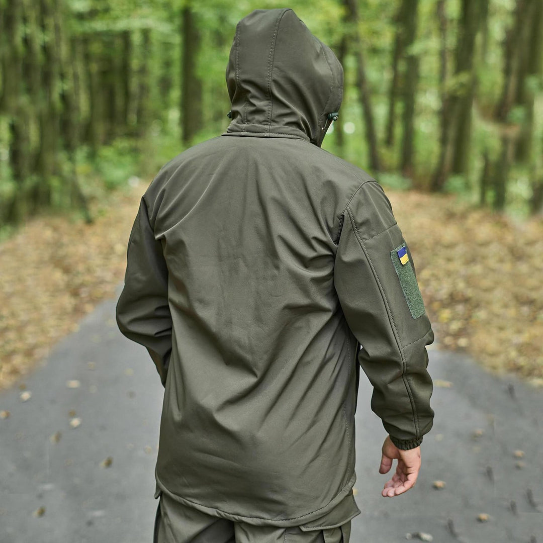 Back view of an olive hooded jacket, showcasing its windproof and waterproof design.