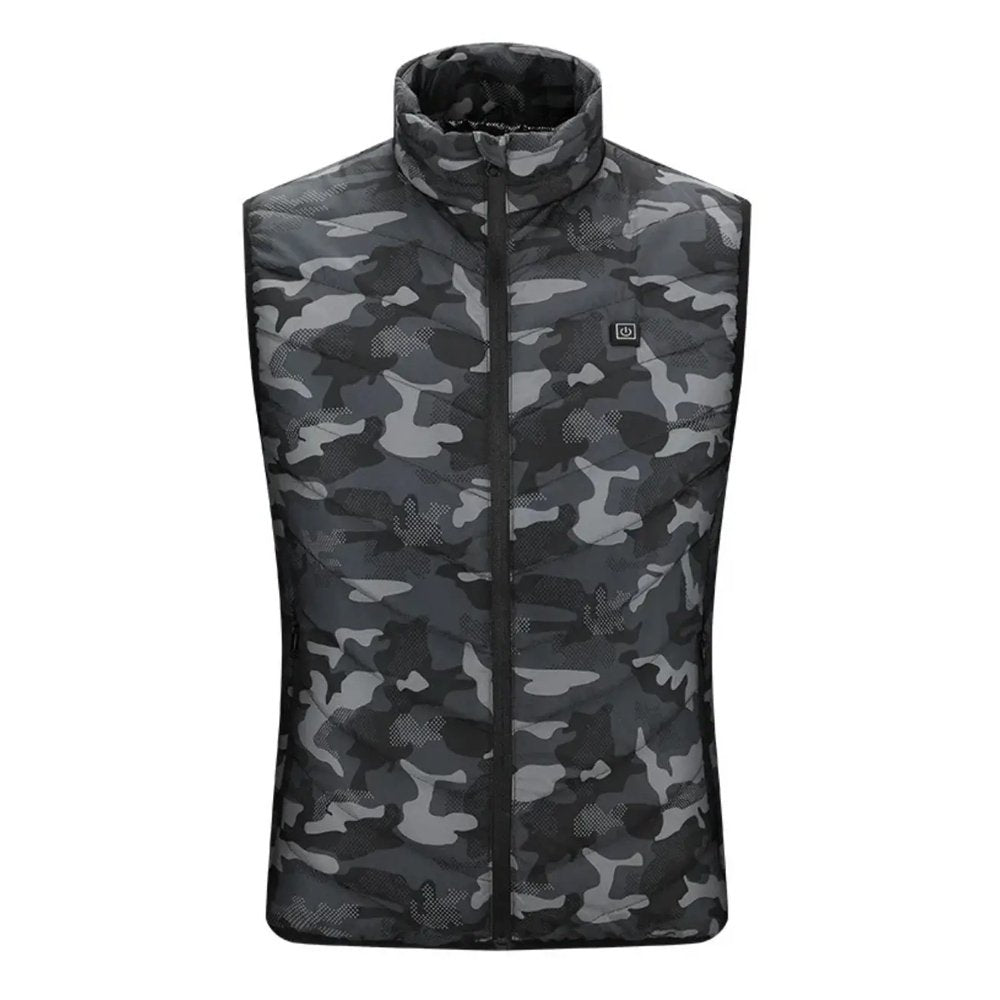 Front look at the urban camo winter heated vest with power button