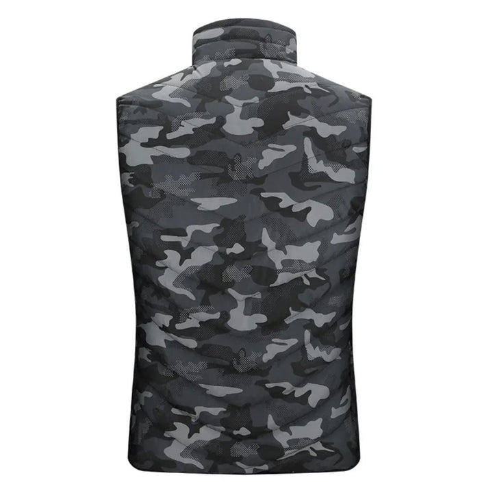 Back side of the urban camo heated vest in dark grey and black pattern