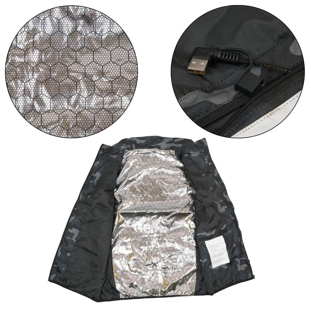 Inside of heated vest showing USB connector and reflective thermal layer