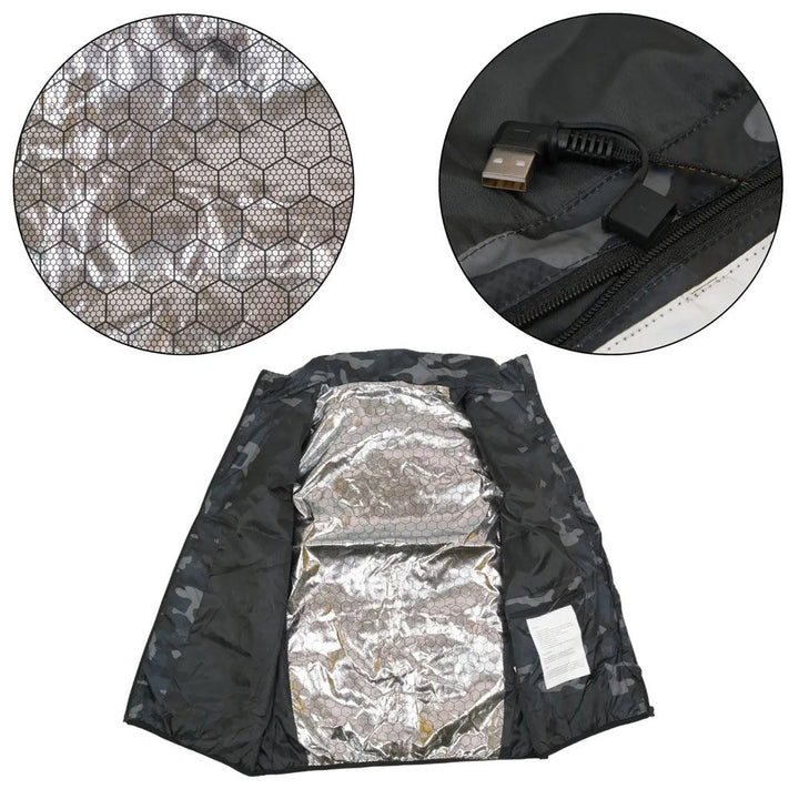 Inside of heated vest showing USB connector and reflective thermal layer