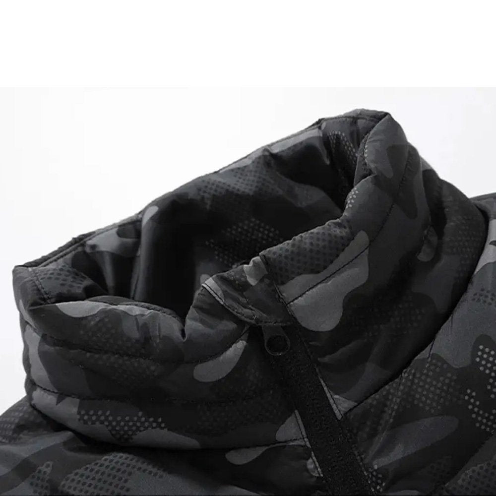 Close-up of the collar area on a black urban camouflage heated vest