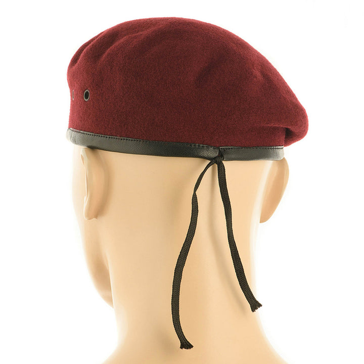 Maroon Ukrainian Air Assault Forces beret made from natural wool, with a black leather band, two ventilation holes, and adjustment ties at the back.