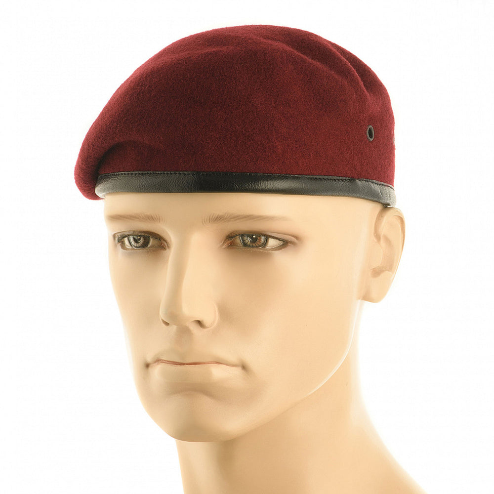 Ukrainian Army maroon beret made from wool, with a black leather band and visible ventilation hole on the side.