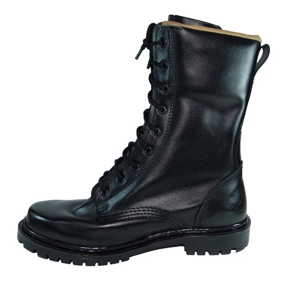 Front view of a black military boot with laced-up detail.