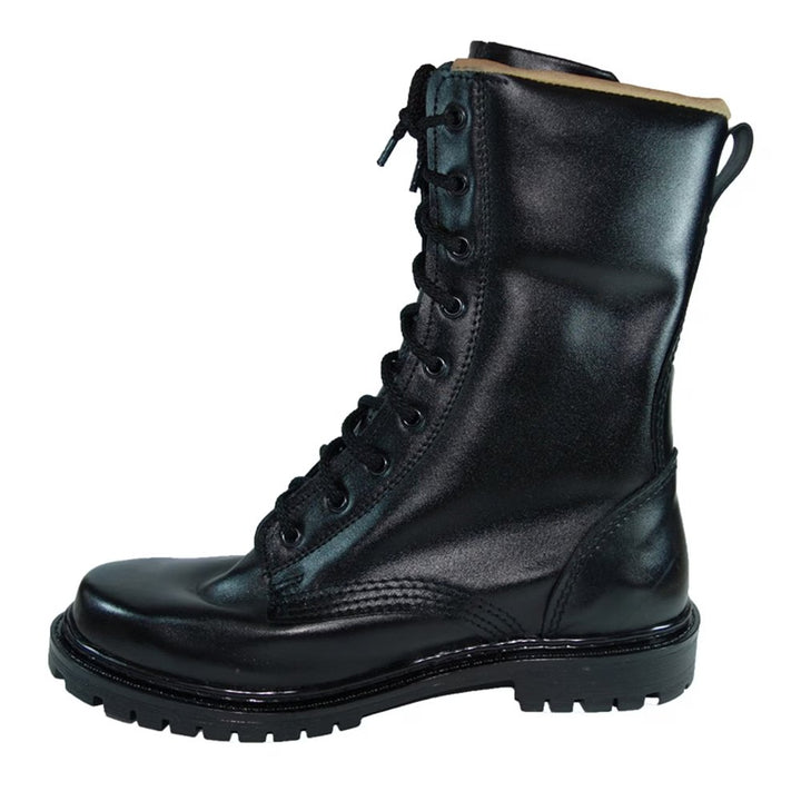 Front view of a black military boot with laced-up detail.
