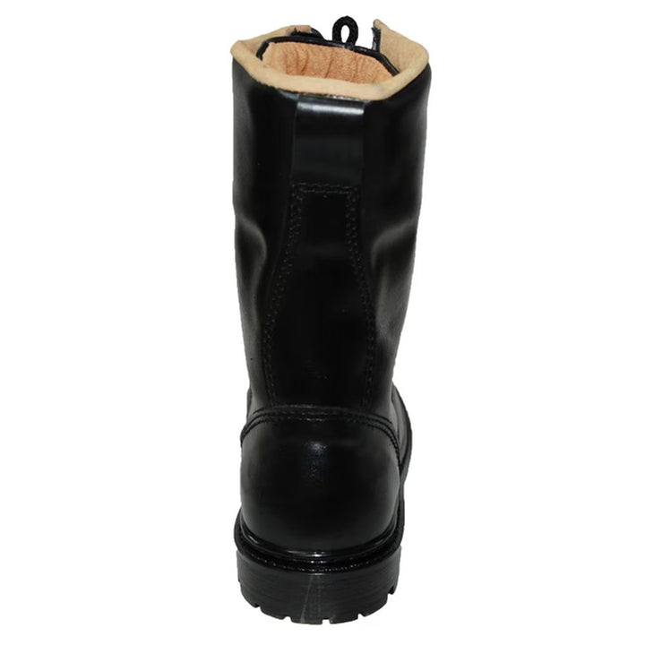 Rear view of black leather military boot with visible fur lining.