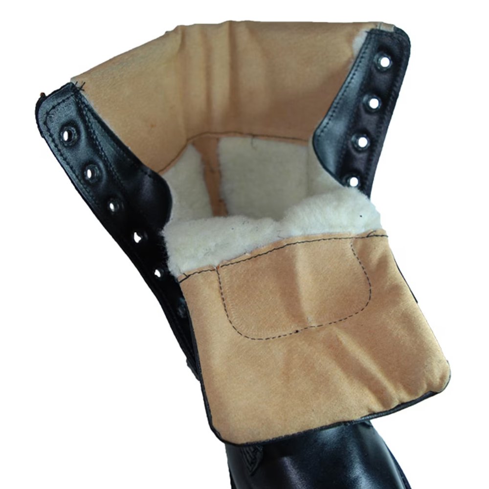 Inner fur lining of black military boots for warmth
