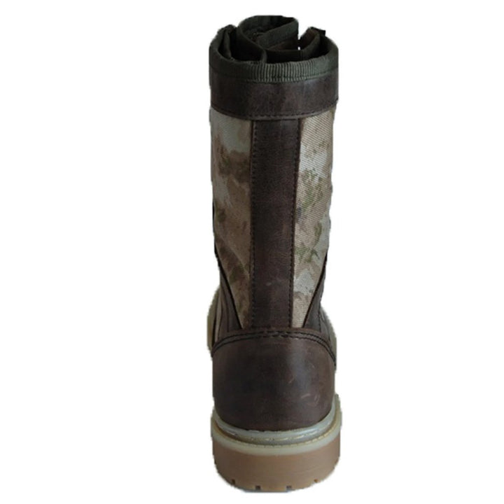 Back angle of moss camo tactical boots showing supportive structure.