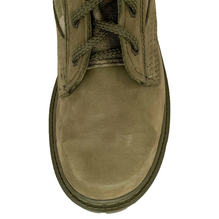 Close-up view of moss camouflage boots with nubuck leather and tactical design.