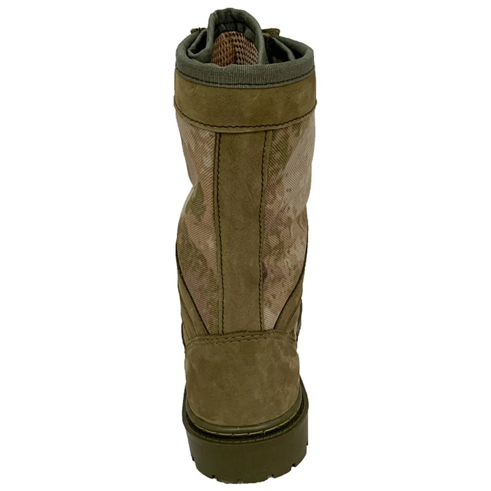 Rear view of moss camo ankle boot highlighting mesh and nubuck materials