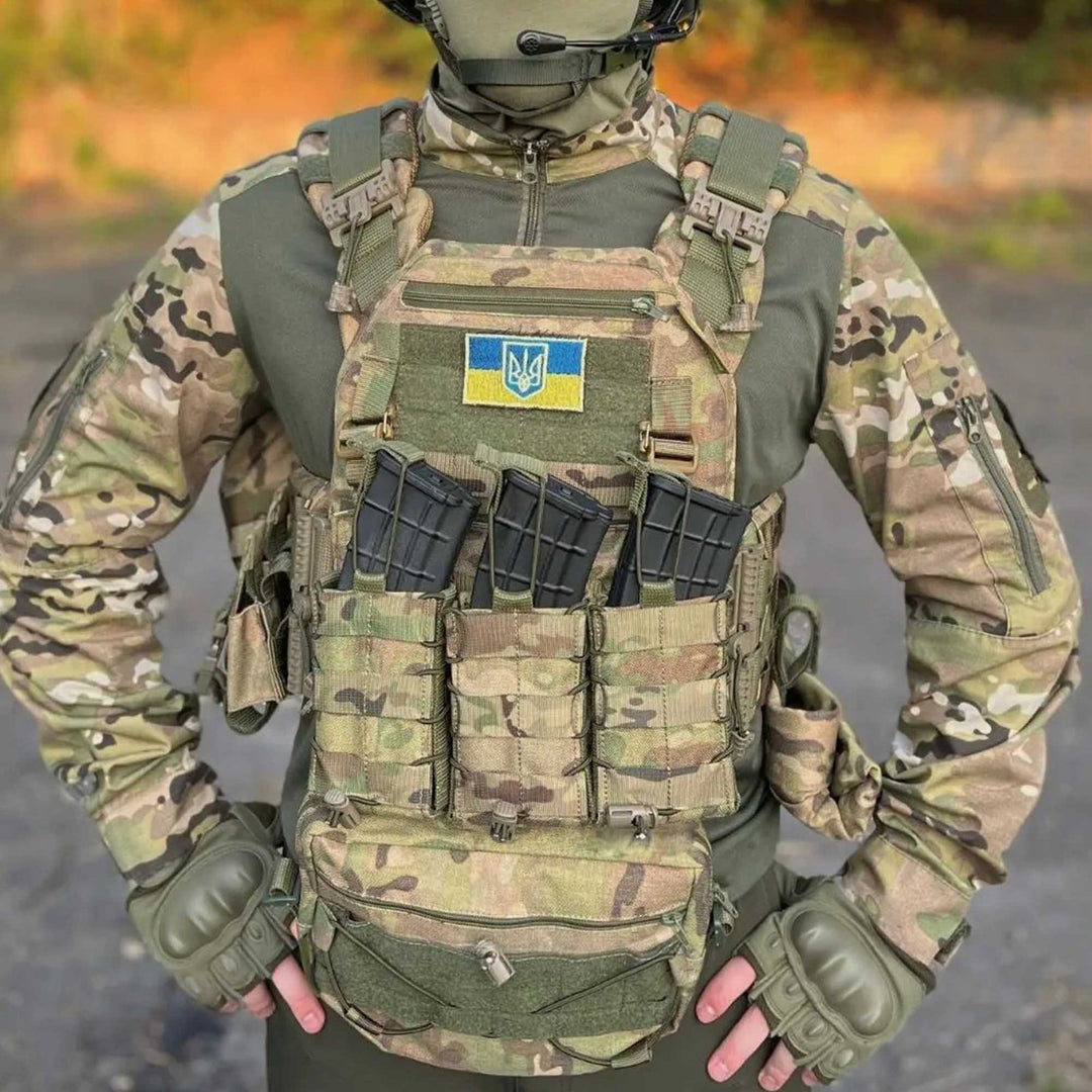 Complete multicam tactical plate vest setup with front pouches and groin protector