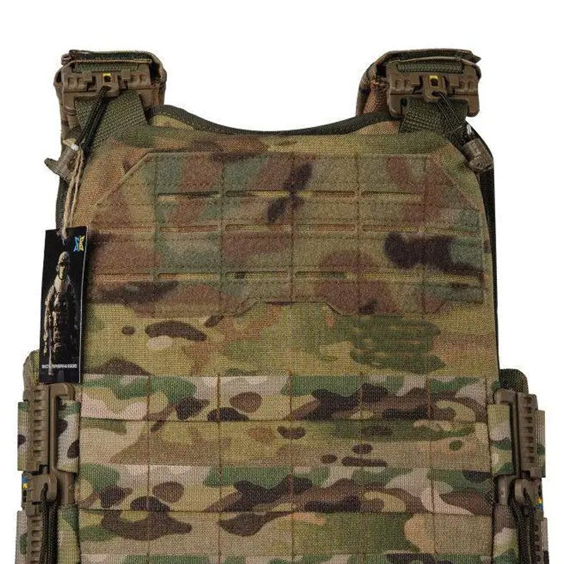 Front panel of tactical plate carrier in multicam with laser-cut molle and Velcro patch space