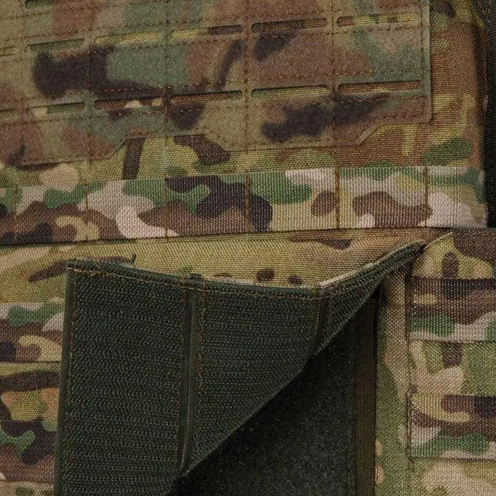 Close-up of velcro adjustment and molle vest camo design in multicam