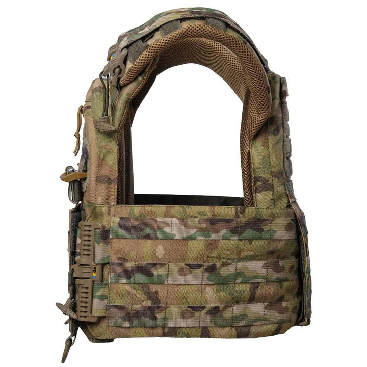 MOLLE panel and strap on military vest in multicam pattern
