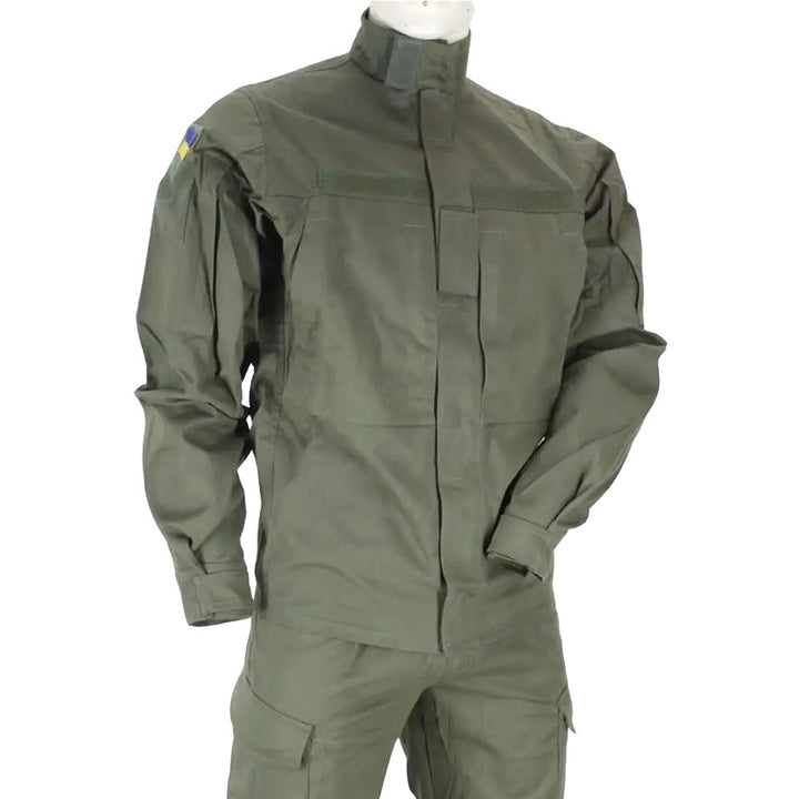 Olive tactical jacket of the National Guards of Ukraine with Velcro patches.