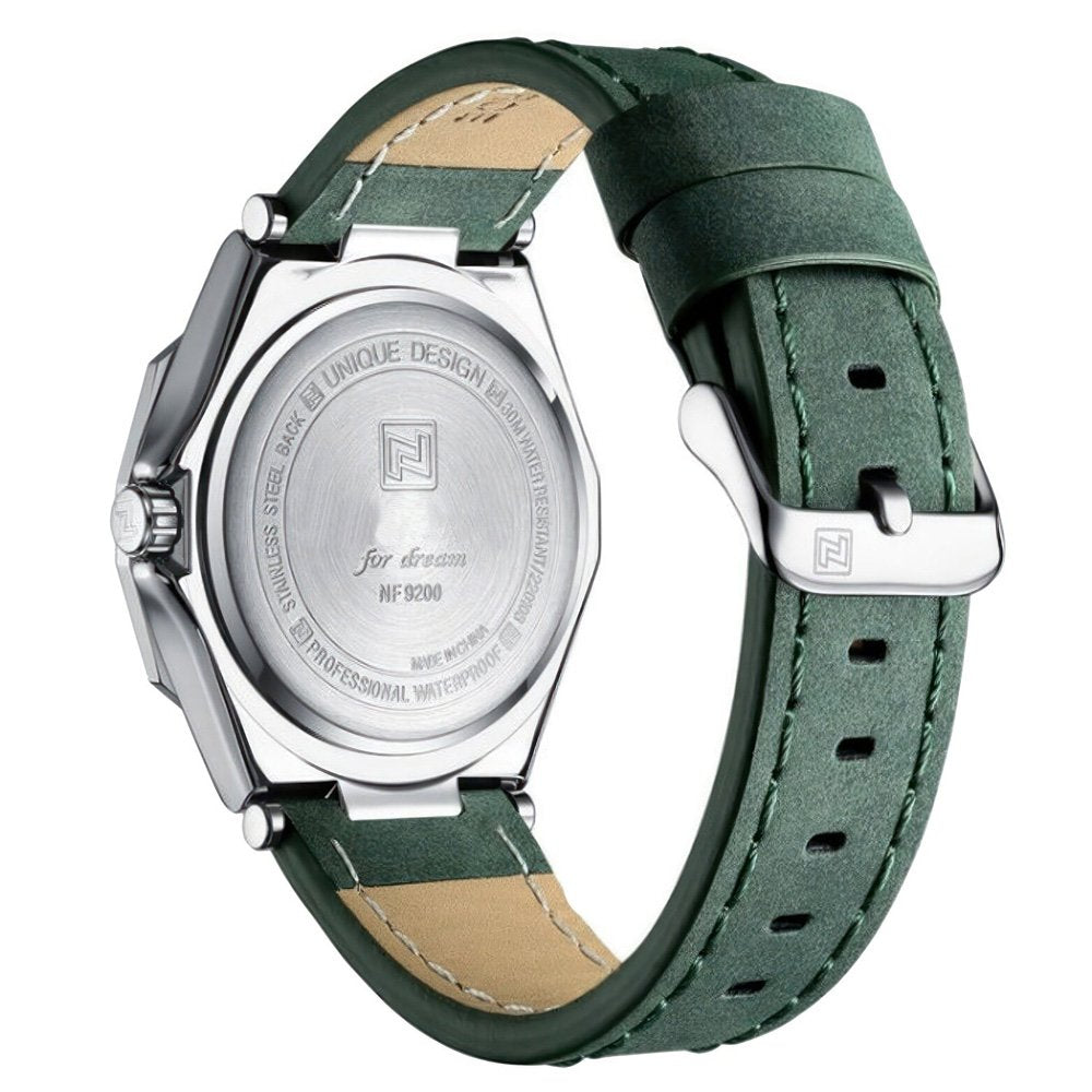 Back view of US navy fleet wristwatch with leather strap and engraving.