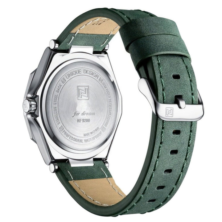 Back view of US navy fleet wristwatch with leather strap and engraving.