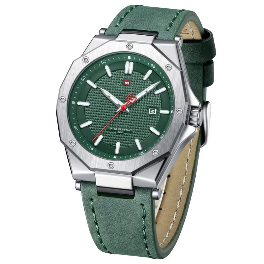 US navy wristwatch with green leather strap and silver case.