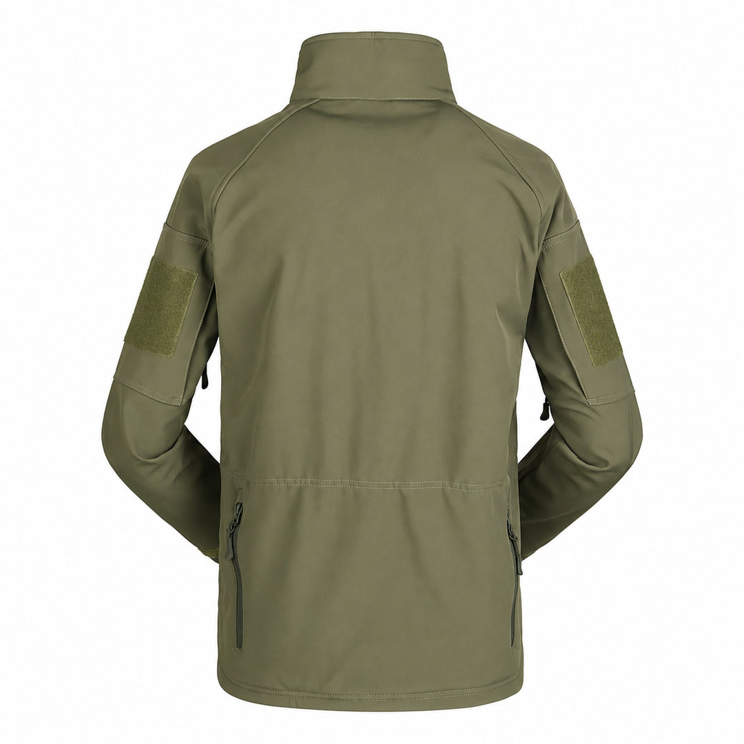 Olive green Ukrainian tactical softshell jacket from the back, showing high collar, anatomical shoulder seams, hook &amp; loop sleeve panels, and lower zippered openings.
