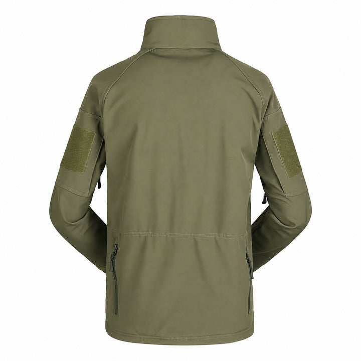 Olive green Ukrainian tactical softshell jacket from the back, showing high collar, anatomical shoulder seams, hook &amp; loop sleeve panels, and lower zippered openings.