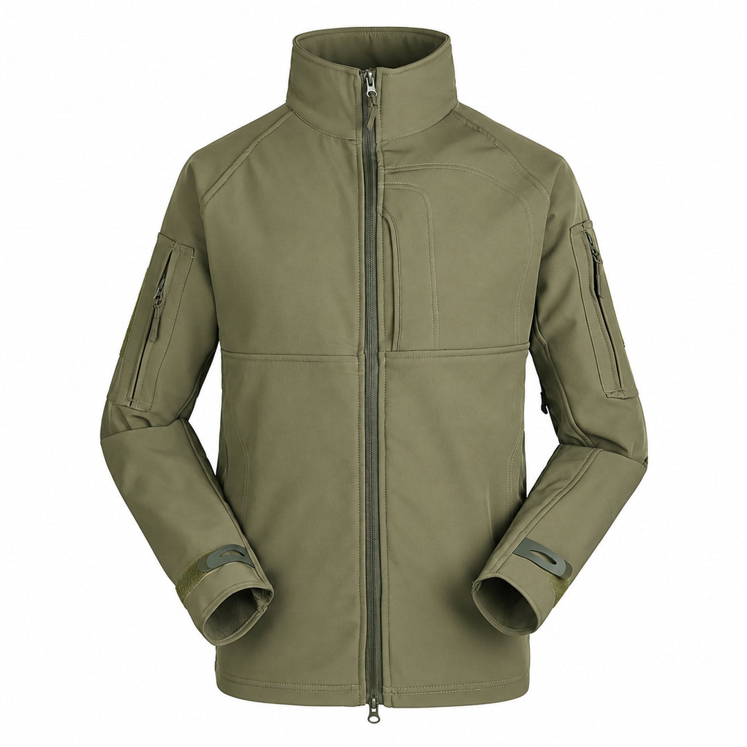 Olive green softshell fleece jacket with full front zipper, high stand collar, zippered sleeve pockets, adjustable hook & loop cuffs, and anatomical panel construction.