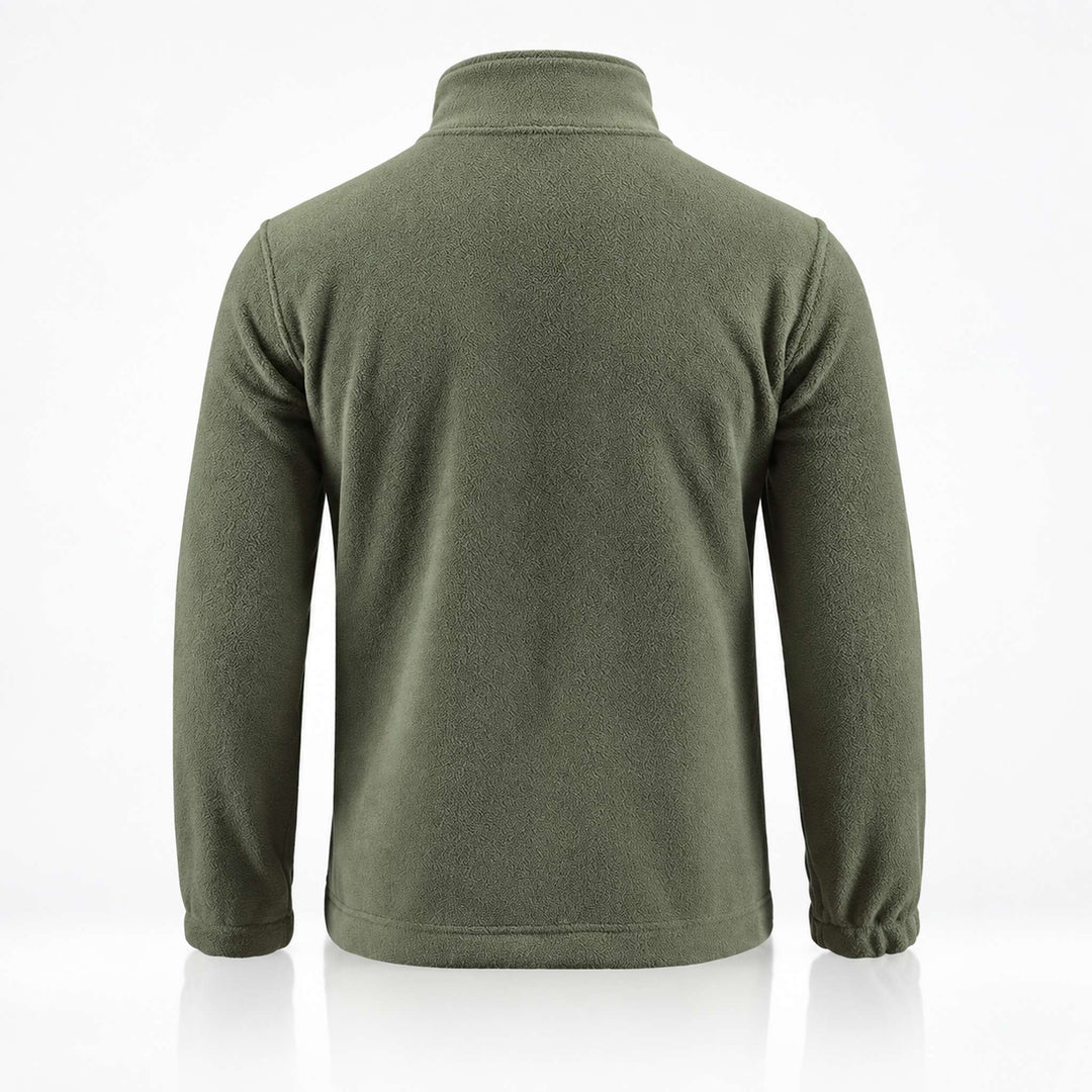 Olive Ukrainian Army fleece jacket showing the smooth rear construction, high stand collar, long sleeves, elastic cuffs, and straight lower hem.