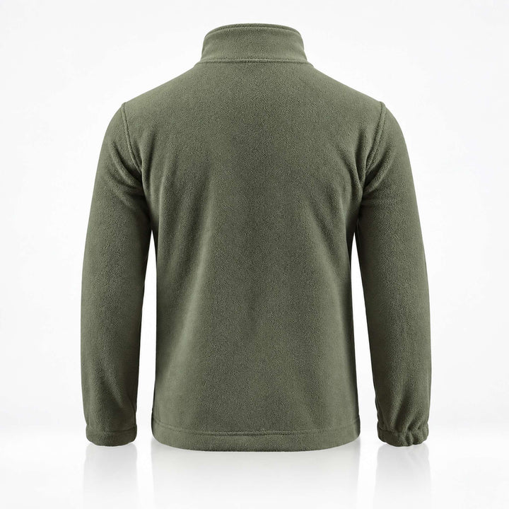 Olive Ukrainian Army fleece jacket showing the smooth rear construction, high stand collar, long sleeves, elastic cuffs, and straight lower hem.