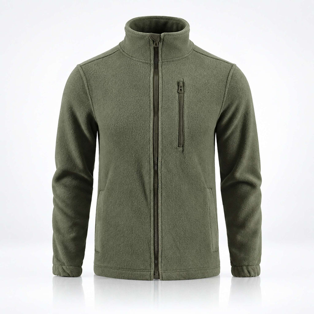 Olive tactical fleece jacket with full-length zipper, stand collar, vertical zippered chest pocket, two side pockets, and anatomical cut.