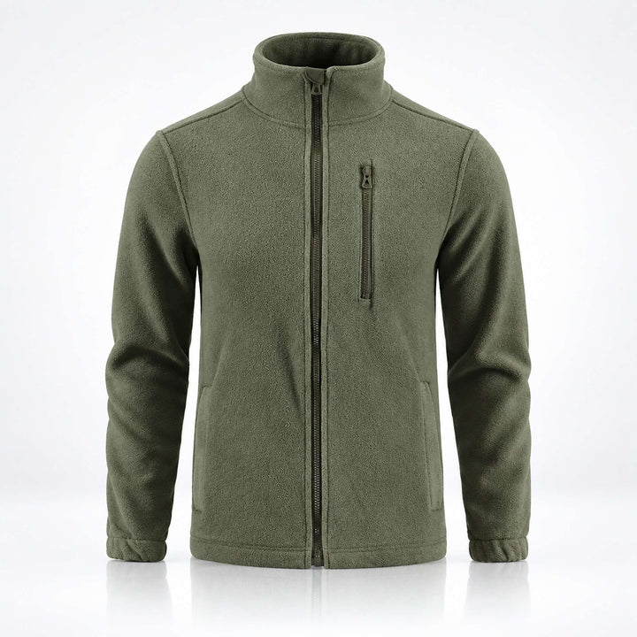 Olive tactical fleece jacket with full-length zipper, stand collar, vertical zippered chest pocket, two side pockets, and anatomical cut.