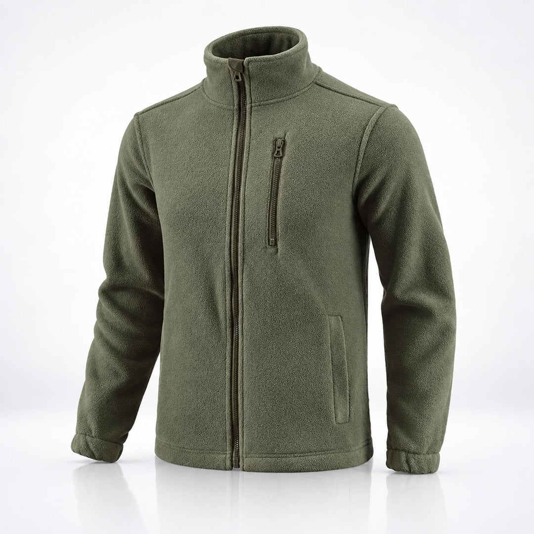 1. Olive Ukrainian Army fleece jacket shown at an angle with high collar, full front zipper, chest zip pocket, side pockets, and lightweight fleece construction.