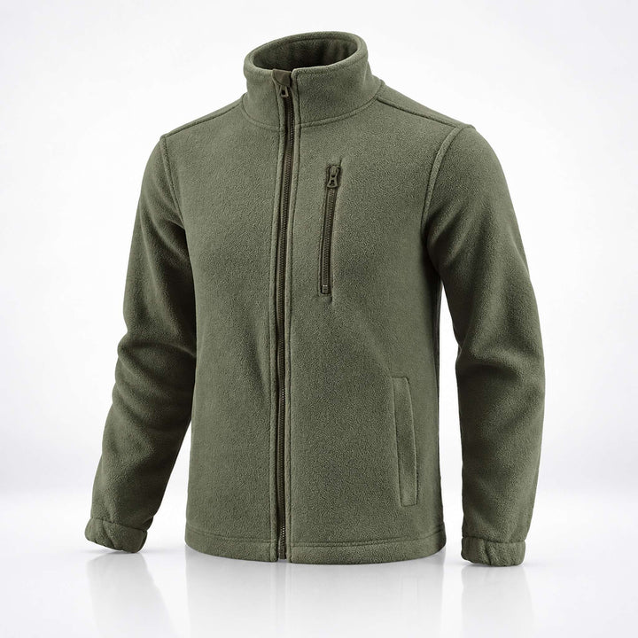 1. Olive Ukrainian Army fleece jacket shown at an angle with high collar, full front zipper, chest zip pocket, side pockets, and lightweight fleece construction.