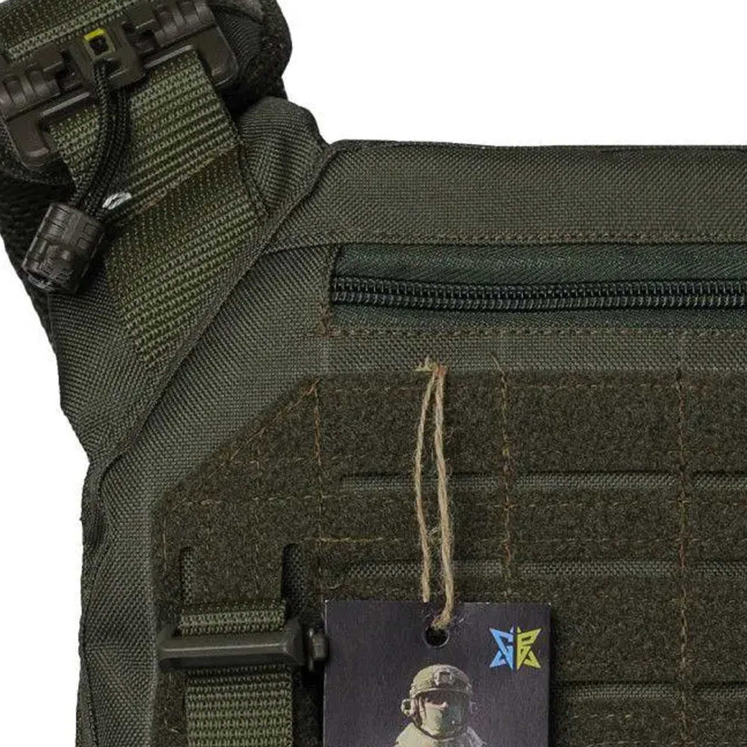 Close-up of vest chest area with zipper and Velcro patch panel