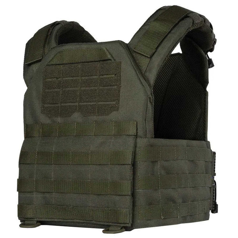 Side perspective of olive tactical vest with reinforced stitching and mesh padding