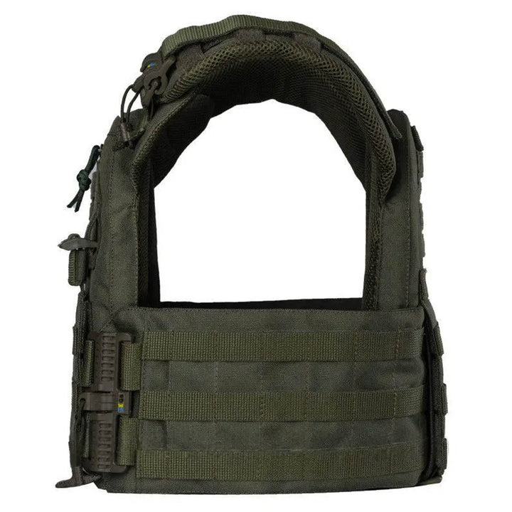 Olive tactical combat vest front view with modular webbing and breathable shoulders