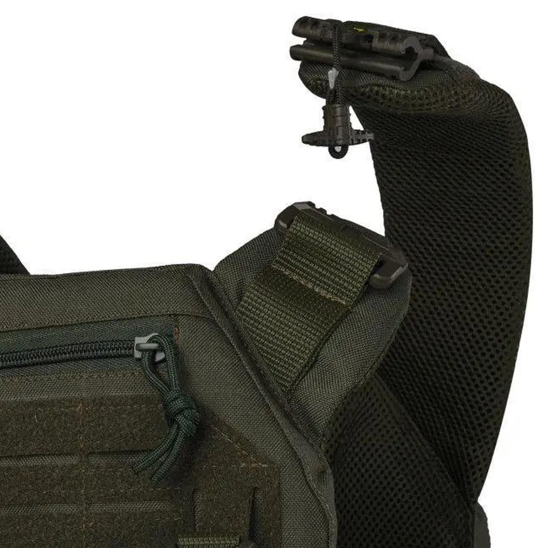 Shoulder fast-release mechanism on tactical vest shown in detail