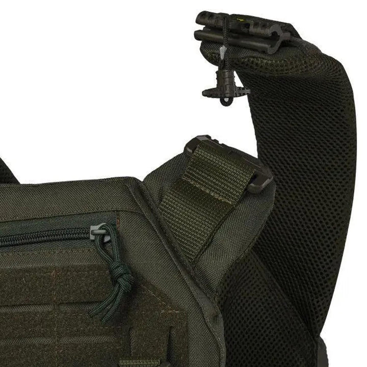 Shoulder fast-release mechanism on tactical vest shown in detail