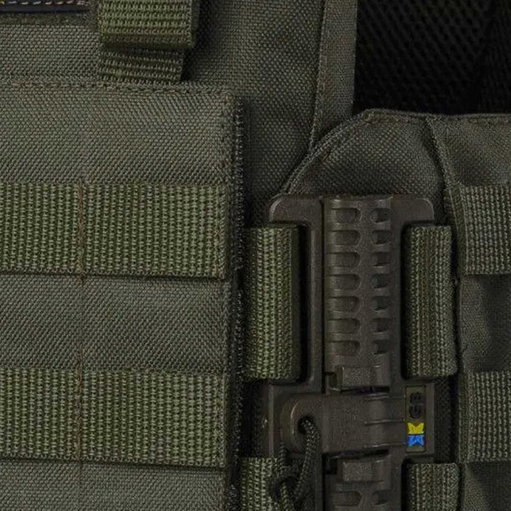 Tactical buckle system close-up on olive side panel