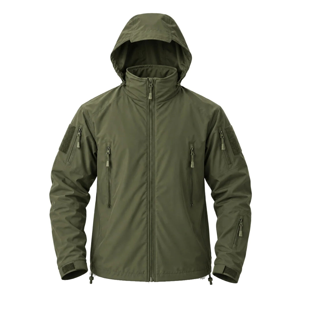 Olive Ukrainian Army waterproof windbreaker with the concealed hood unfolded from the collar, front zipper, chest pockets, sleeve pockets, hook &amp; loop panels, and adjustable cuffs.