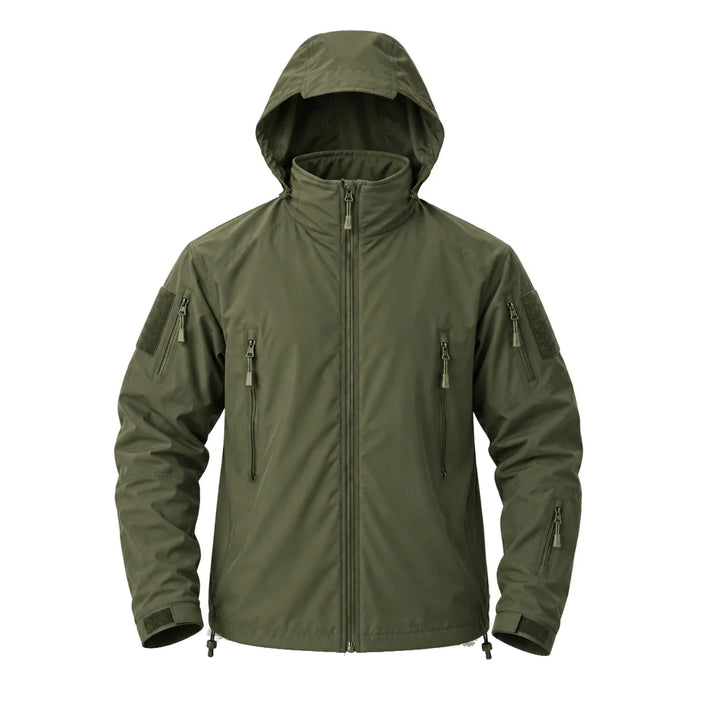 Olive Ukrainian Army waterproof windbreaker with the concealed hood unfolded from the collar, front zipper, chest pockets, sleeve pockets, hook &amp; loop panels, and adjustable cuffs.