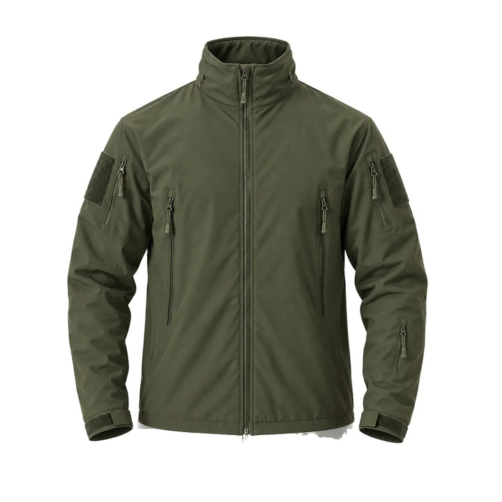 Olive Ukrainian Army waterproof windbreaker with the concealed hood unfolded from the collar, front zipper, chest pockets, sleeve pockets, hook &amp; loop panels, and adjustable cuffs.