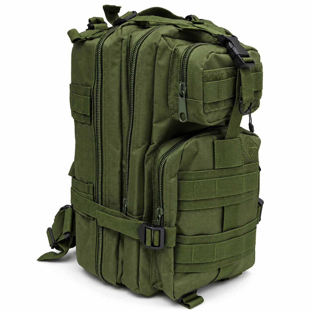 Green military backpack with multiple zippered compartments, MOLLE webbing, side compression straps, and padded shoulder straps.