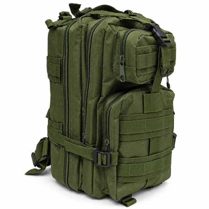 Green military backpack with multiple zippered compartments, MOLLE webbing, side compression straps, and padded shoulder straps.