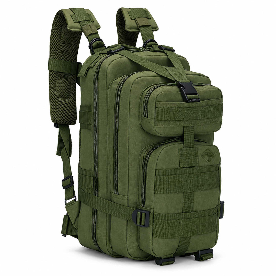 Green 25L tactical backpack with multiple zippered compartments, MOLLE webbing, compression straps, and padded shoulder straps.