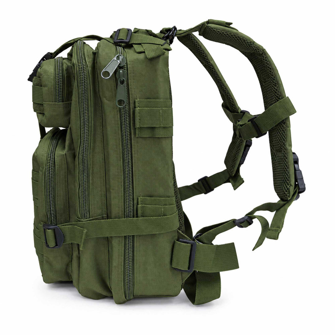 Green tactical rucksack shown from the side with multiple zippered compartments, MOLLE webbing, compression straps, and padded carrying system.