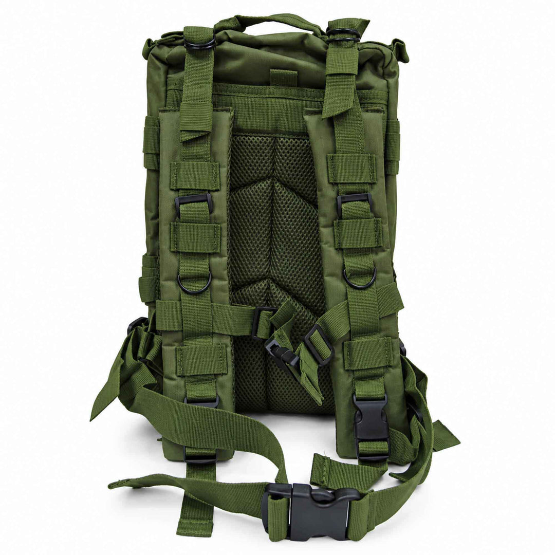 Green tactical backpack showing padded mesh back panels, adjustable shoulder straps, waist belt, and carrying handle.