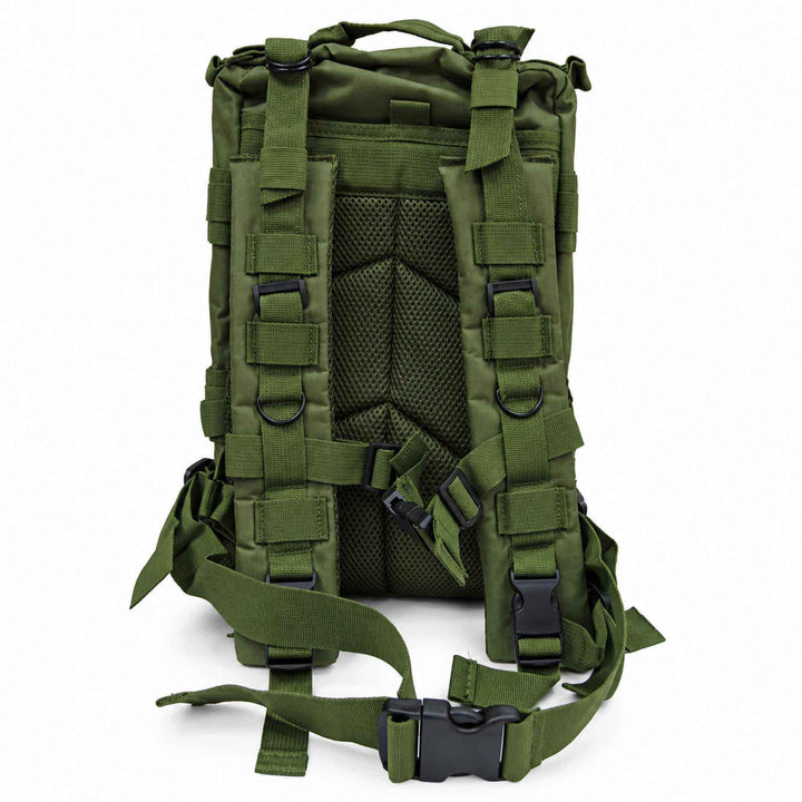 Green tactical backpack showing padded mesh back panels, adjustable shoulder straps, waist belt, and carrying handle.